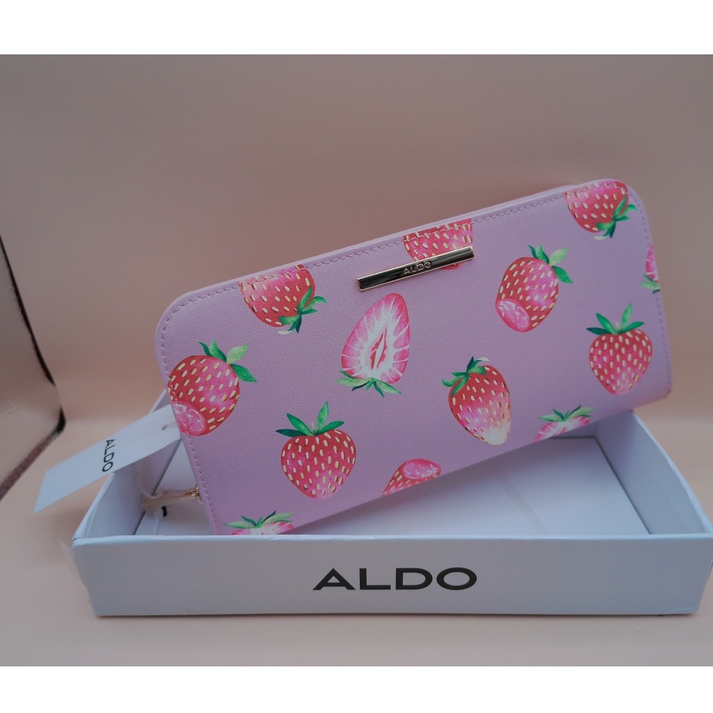 Aldo Strawberry Print Zip Around Wallet NIB Pink Gold Logo Bar Coquette Kawaii